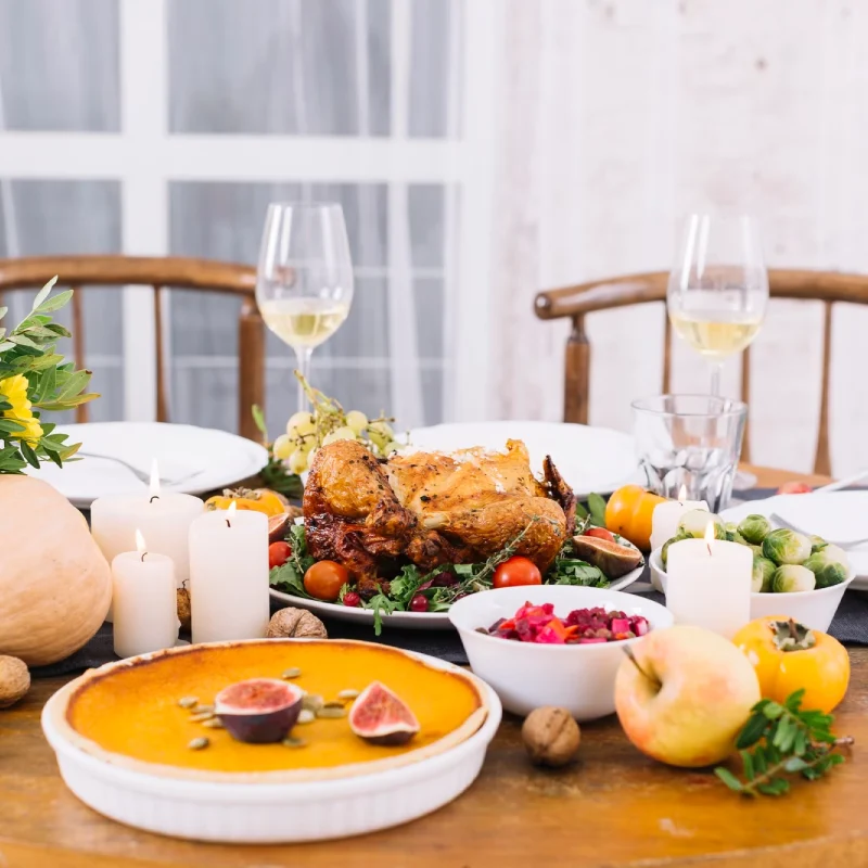 festive table with baked chicken